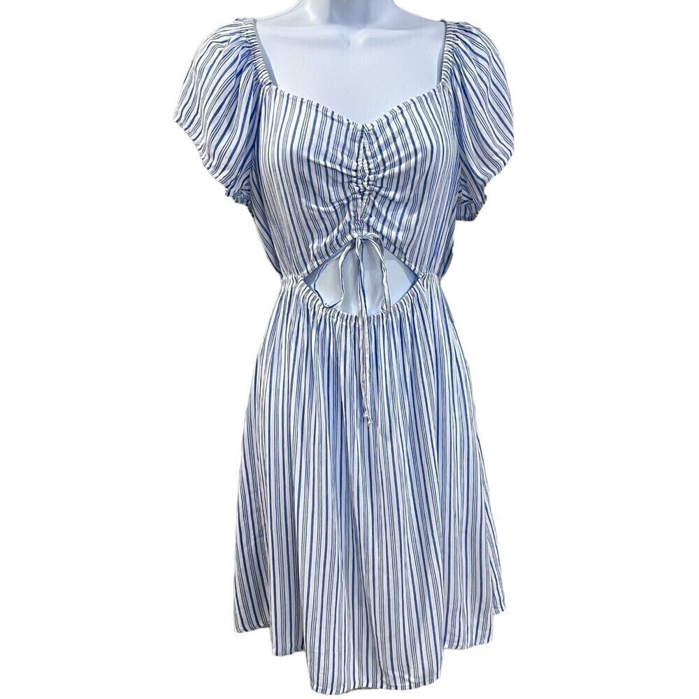 NWT SO Cinched Flutter Sleeve Dress Blue/ White Stripe Summer Mini Dress Size M